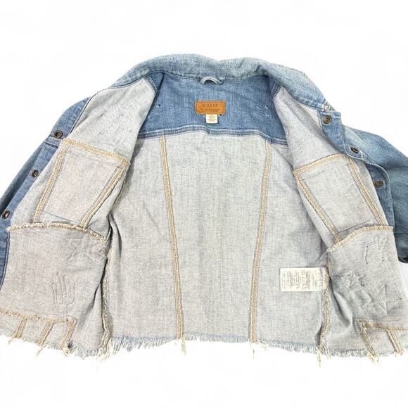 GUESS Cropped Frayed Denim Jacket S USA Cactus Patches‎ Boho Festival 90sRevival - Picture 8 of 13